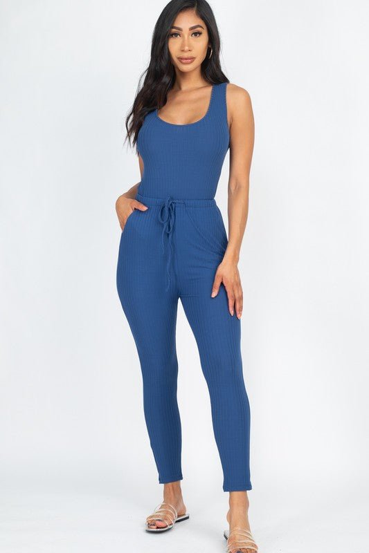 Ribbed Sleeveless Drawstring catsuits Jumpsuit - Demented Sisters