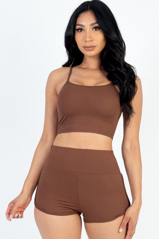 Ribbed Top & Ruched Biker Shorts Set - Demented Sisters