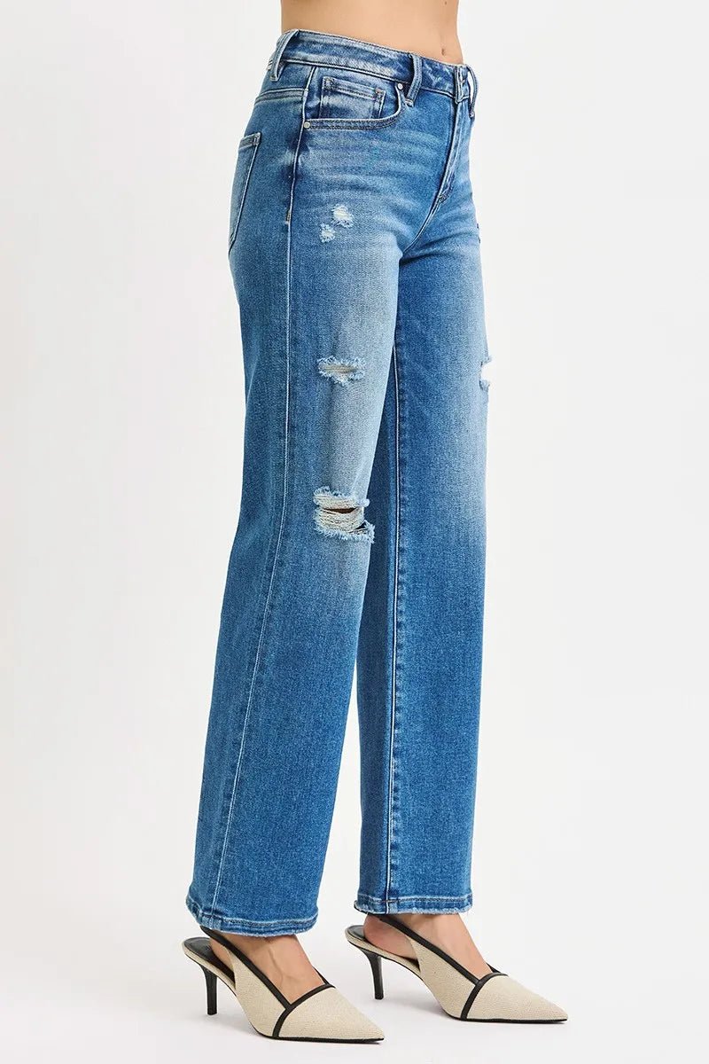 RISEN Full Size High Rise Ankle Straight Front Body Distressed Jeans Plus Size - Demented Sisters