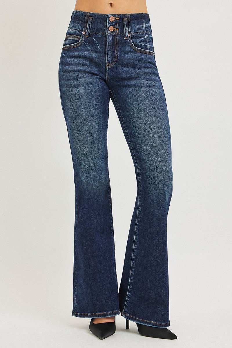 RISEN High Rise Flare Jeans With Seam Detail Waistband - Demented Sisters