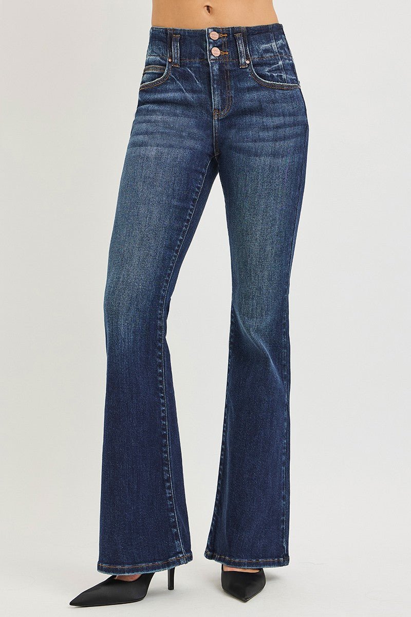 RISEN High Rise Flare Jeans With Seam Detail Waistband - Demented Sisters