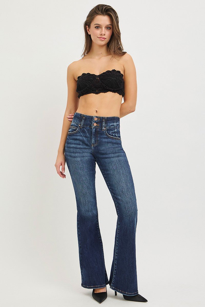 RISEN High Rise Flare Jeans With Seam Detail Waistband - Demented Sisters