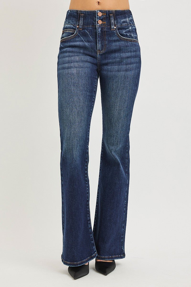 RISEN High Rise Flare Jeans With Seam Detail Waistband - Demented Sisters