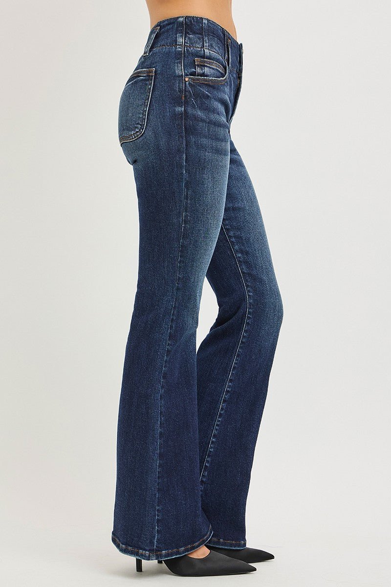 RISEN High Rise Flare Jeans With Seam Detail Waistband - Demented Sisters