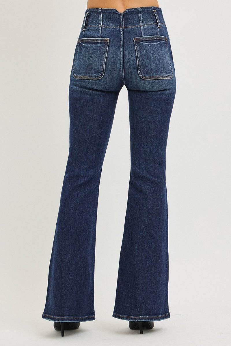 RISEN High Rise Flare Jeans With Seam Detail Waistband - Demented Sisters