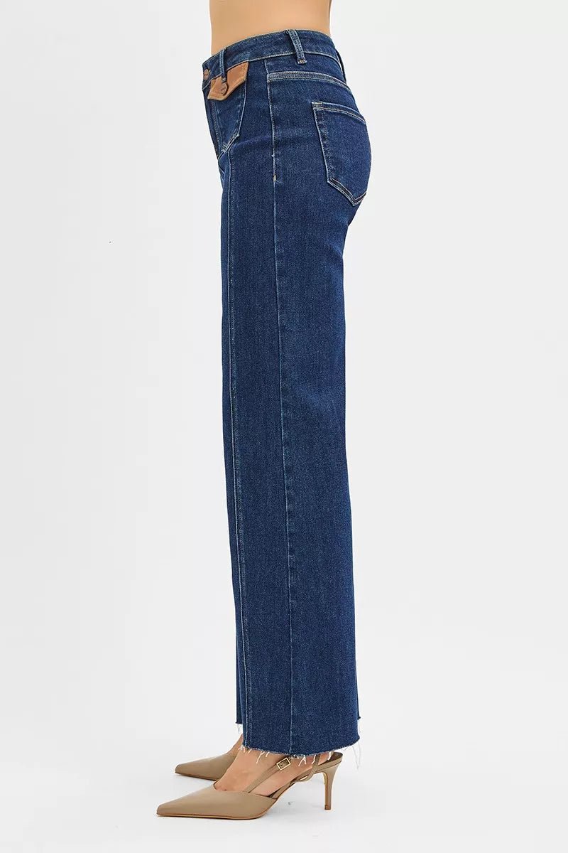 RISEN High Rise Wide Flare Jeans with Front Leather Pocket Detail - Demented Sisters