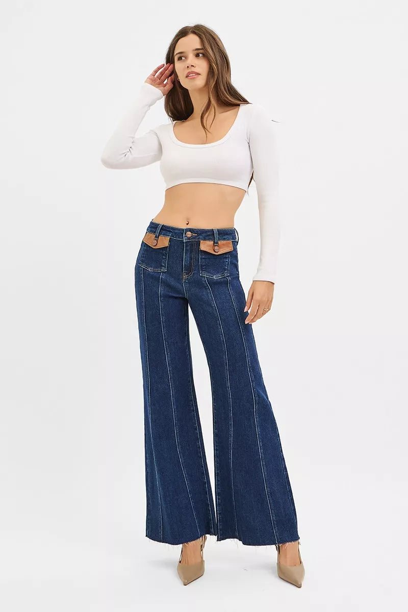 RISEN High Rise Wide Flare Jeans with Front Leather Pocket Detail - Demented Sisters