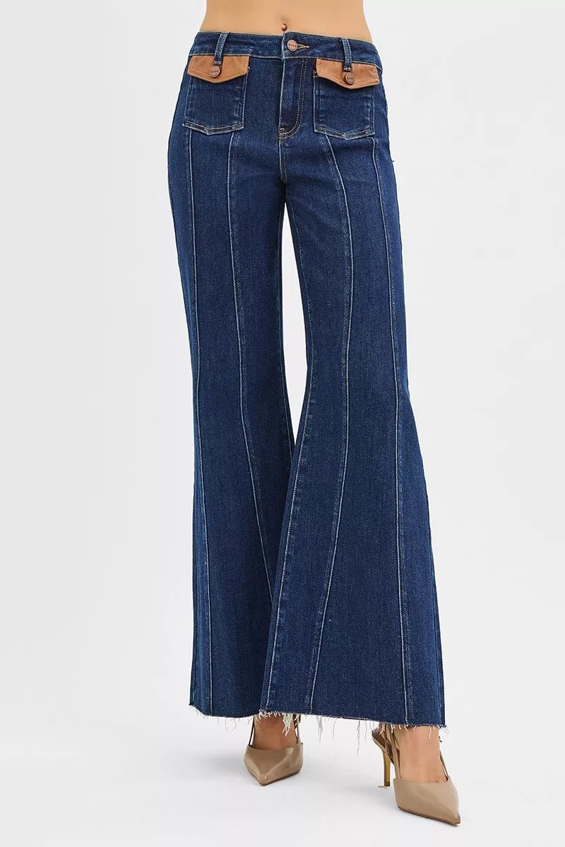 RISEN High Rise Wide Flare Jeans with Front Leather Pocket Detail - Demented Sisters