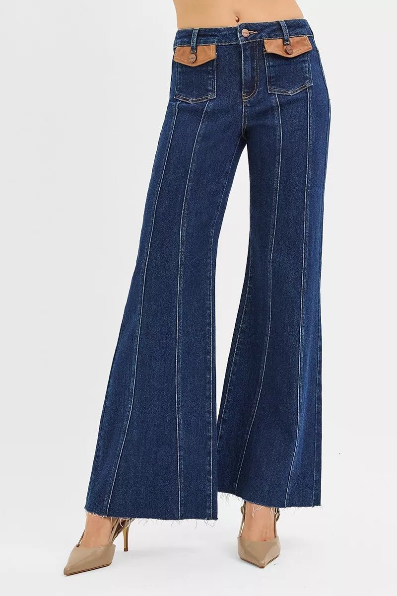 RISEN High Rise Wide Flare Jeans with Front Leather Pocket Detail - Demented Sisters