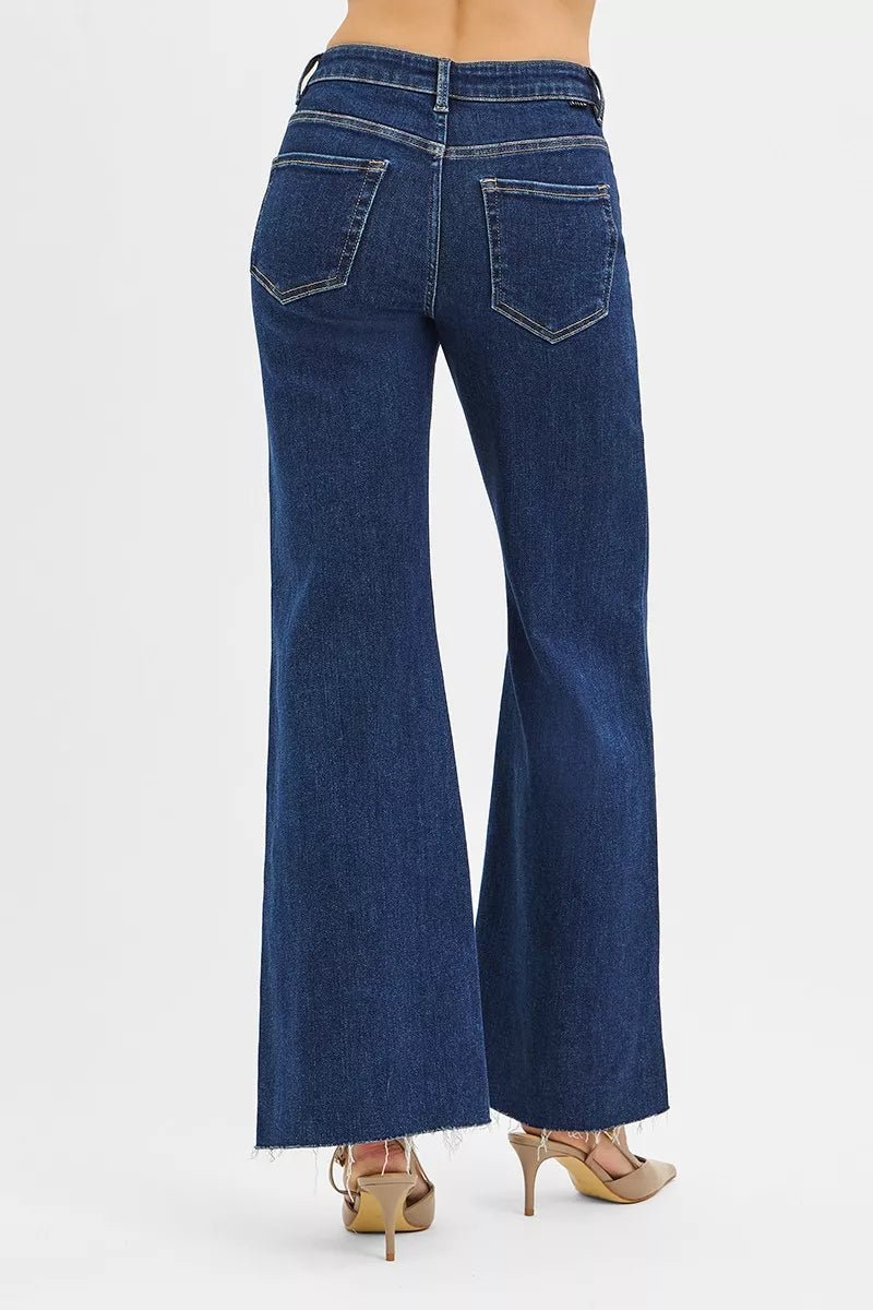 RISEN High Rise Wide Flare Jeans with Front Leather Pocket Detail - Demented Sisters