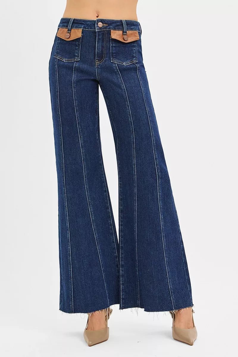 RISEN High Rise Wide Flare Jeans with Front Leather Pocket Detail - Demented Sisters
