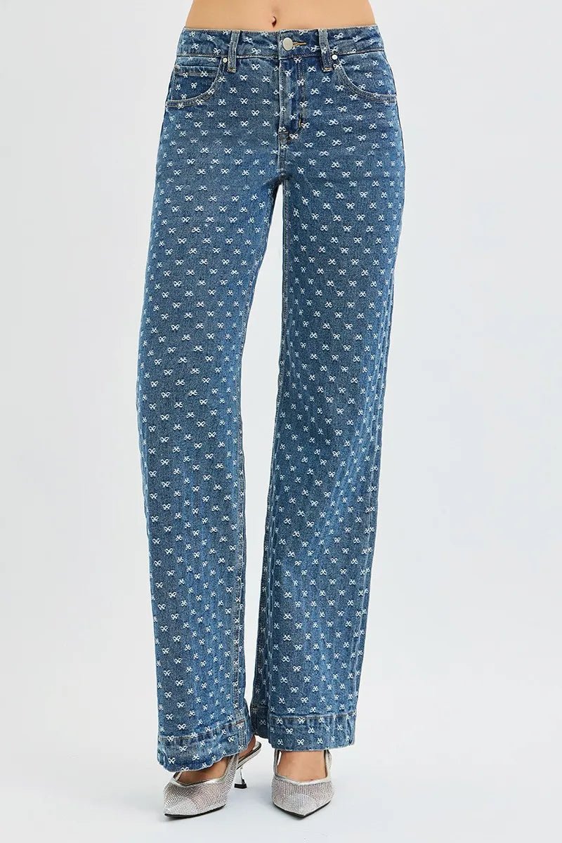 RISEN High Rise Wide Leg Bow Embroidered Jeans - Demented Sisters