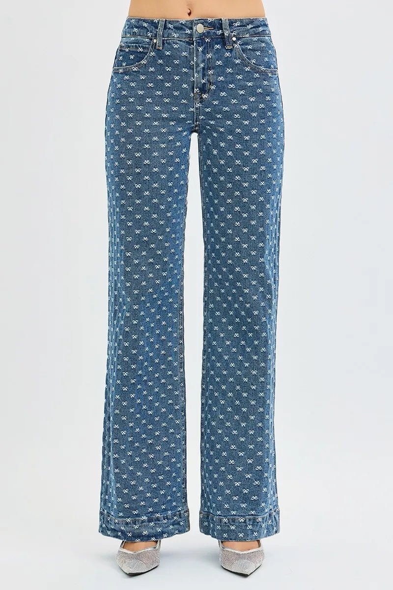 RISEN High Rise Wide Leg Bow Embroidered Jeans - Demented Sisters