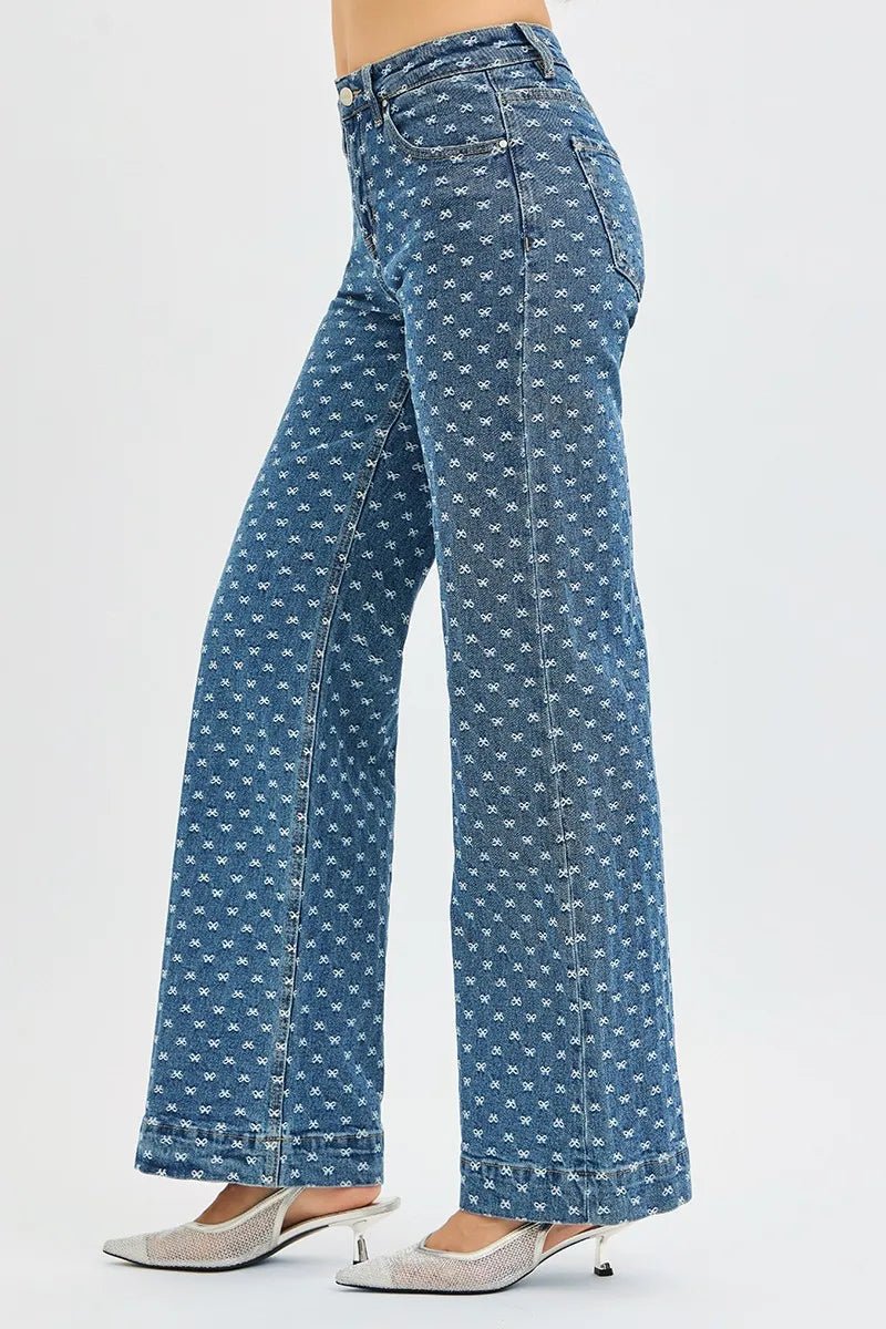 RISEN High Rise Wide Leg Bow Embroidered Jeans - Demented Sisters