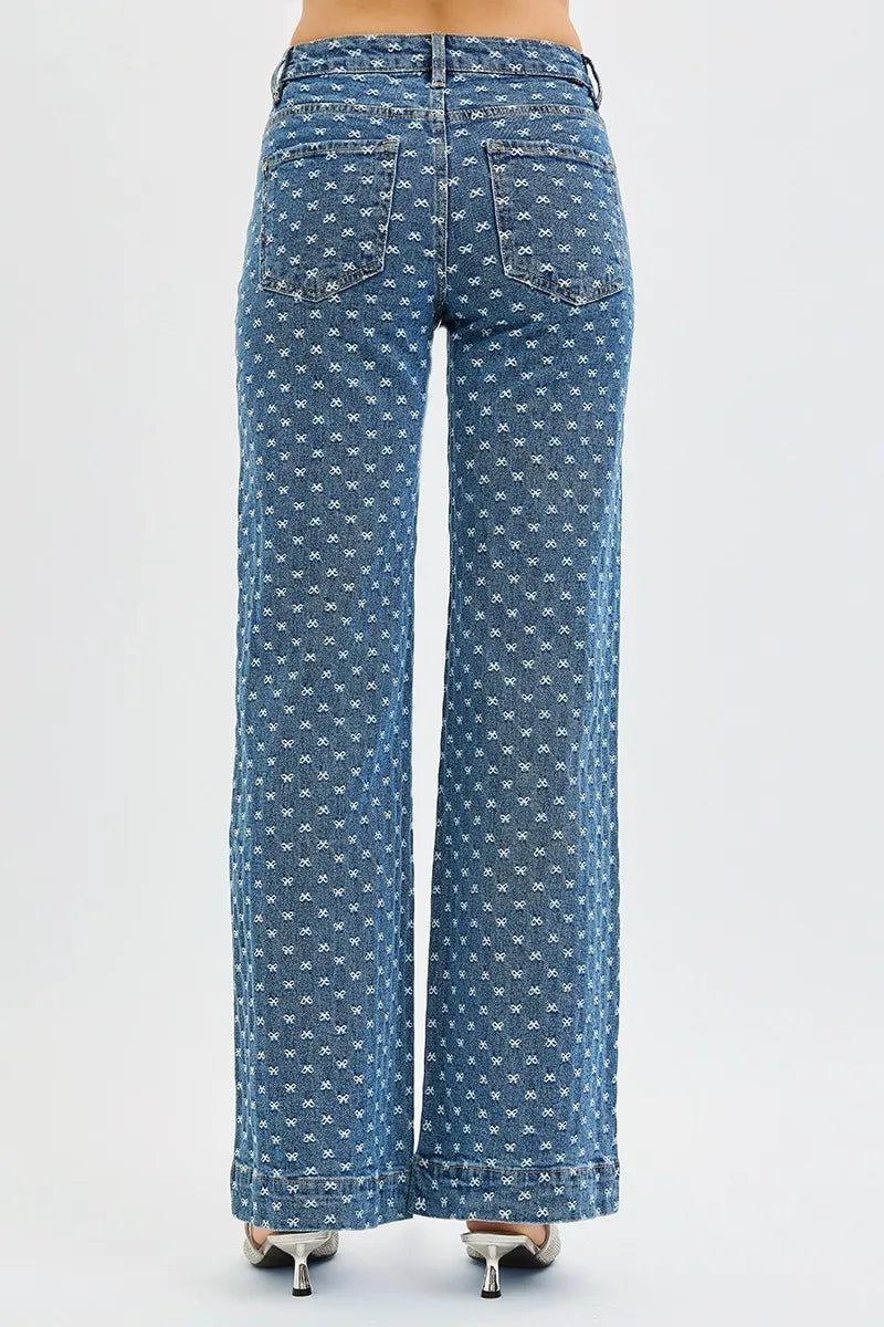 RISEN High Rise Wide Leg Bow Embroidered Jeans - Demented Sisters