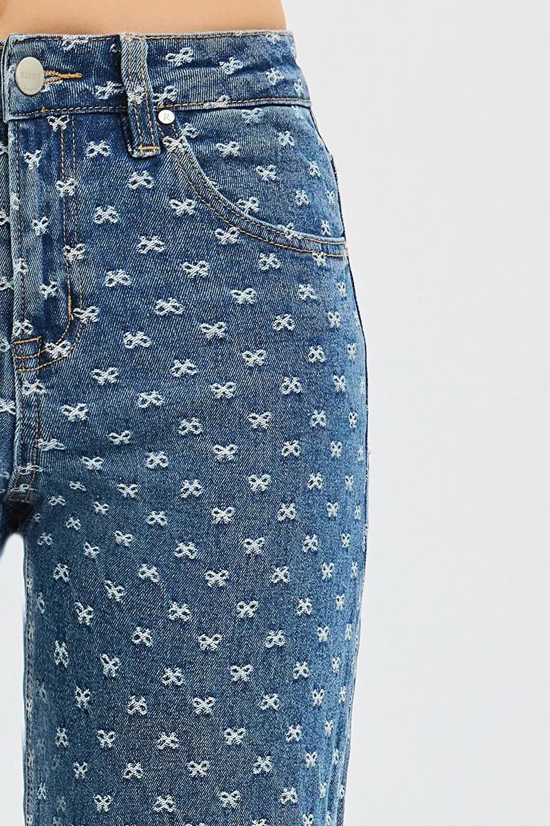 RISEN High Rise Wide Leg Bow Embroidered Jeans - Demented Sisters