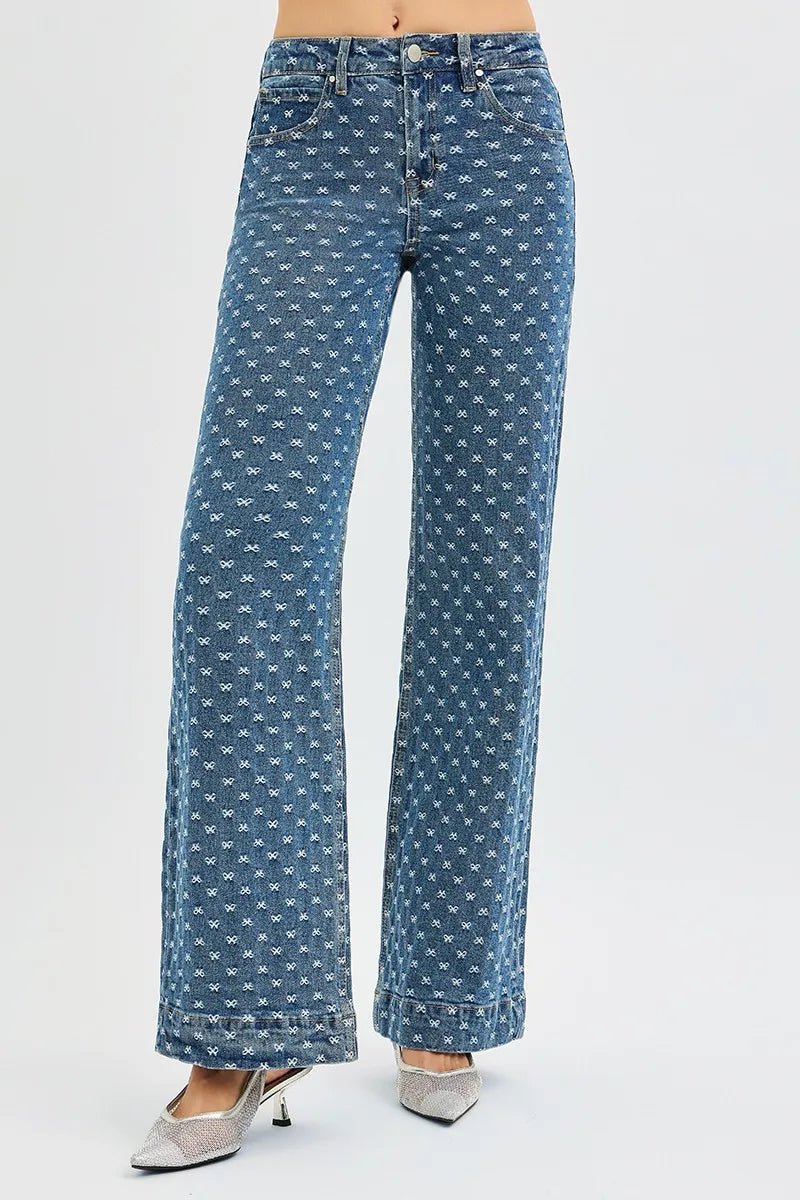 RISEN High Rise Wide Leg Bow Embroidered Jeans - Demented Sisters