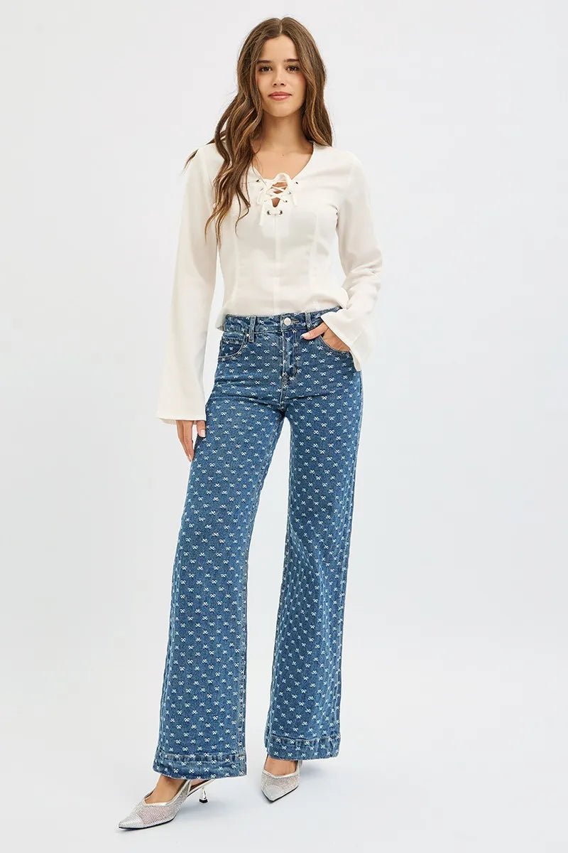 RISEN High Rise Wide Leg Bow Embroidered Jeans - Demented Sisters