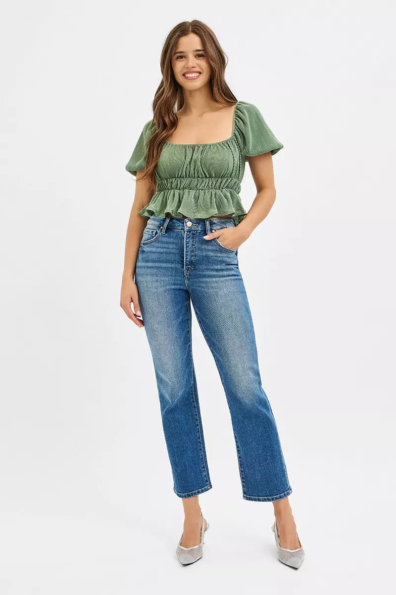 RISEN Tummy Control High Rise Crop Straight Jeans - Demented Sisters