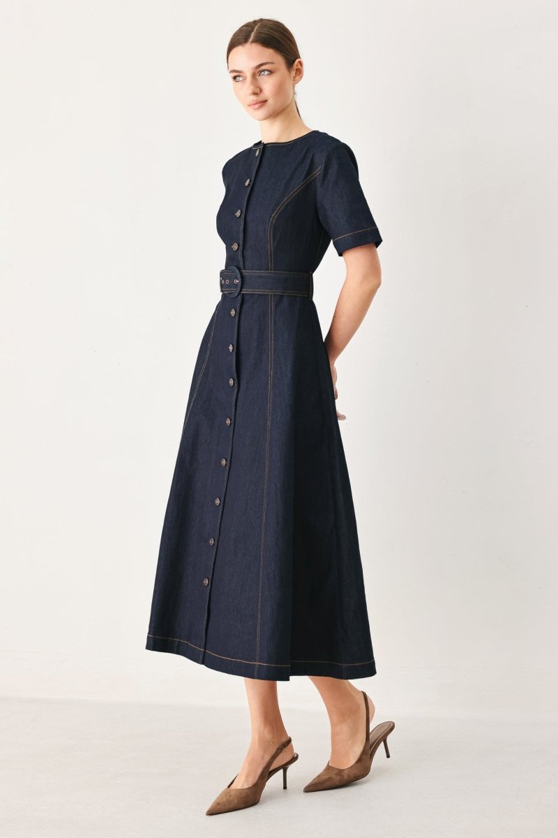 ROMANTIC DENIM WOVEN MIDI DRESS - Demented Sisters