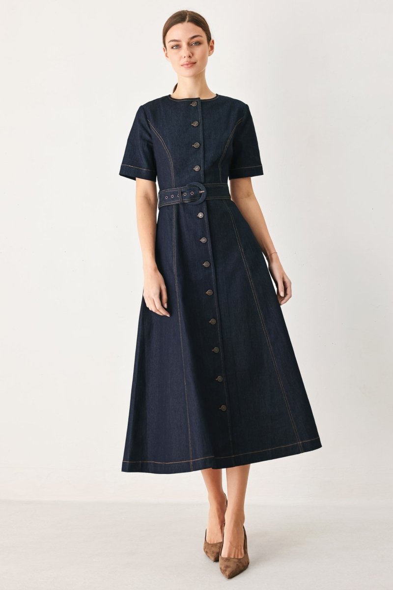 ROMANTIC DENIM WOVEN MIDI DRESS - Demented Sisters