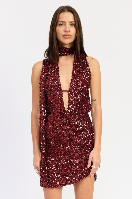 SEQUIN HALTER SCARF MINI DRESS - Demented Sisters
