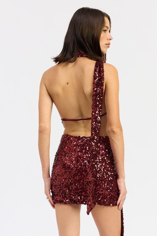 SEQUIN HALTER SCARF MINI DRESS - Demented Sisters