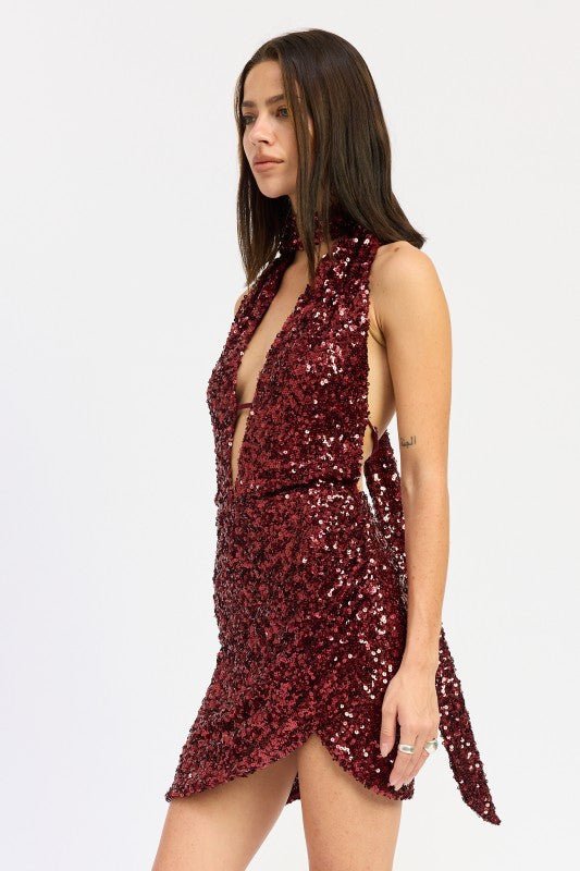 SEQUIN HALTER SCARF MINI DRESS - Demented Sisters