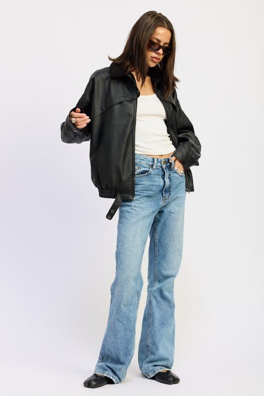 SHEARLING COLLAR VEGAN LEATHER JACKET - Demented Sisters