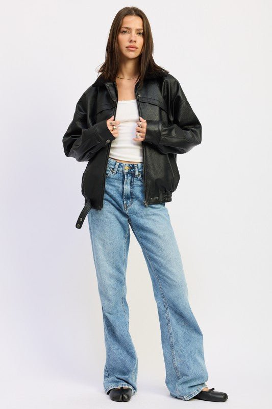 SHEARLING COLLAR VEGAN LEATHER JACKET - Demented Sisters