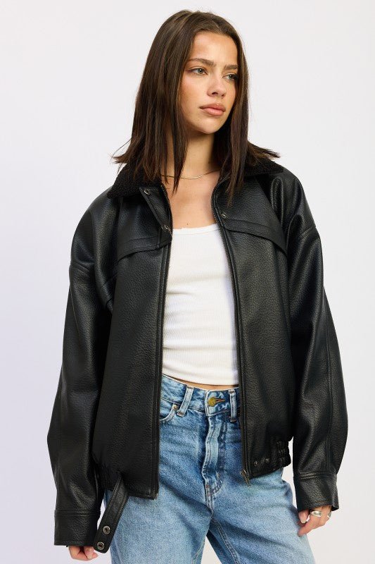 SHEARLING COLLAR VEGAN LEATHER JACKET - Demented Sisters