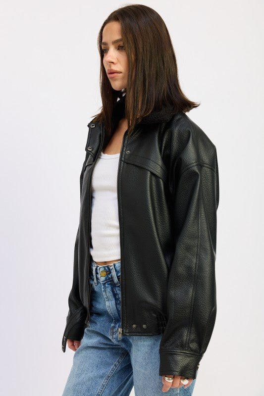 SHEARLING COLLAR VEGAN LEATHER JACKET - Demented Sisters