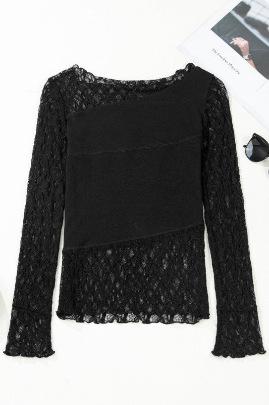 Sheer Lace Asymmetric Patchwork Long Sleeve Top - Demented Sisters