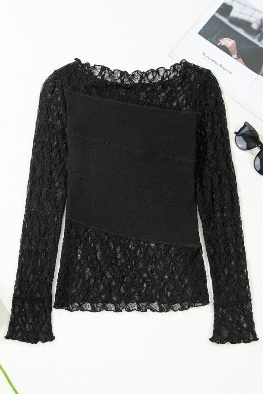 Sheer Lace Asymmetric Patchwork Long Sleeve Top - Demented Sisters
