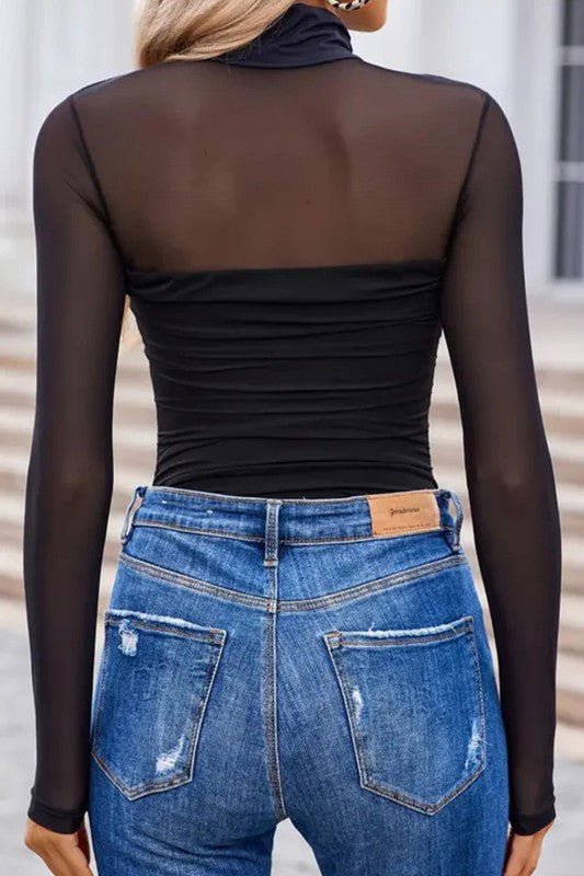 Sheer Mesh Patchwork High Neck Long Sleeve Top - Demented Sisters