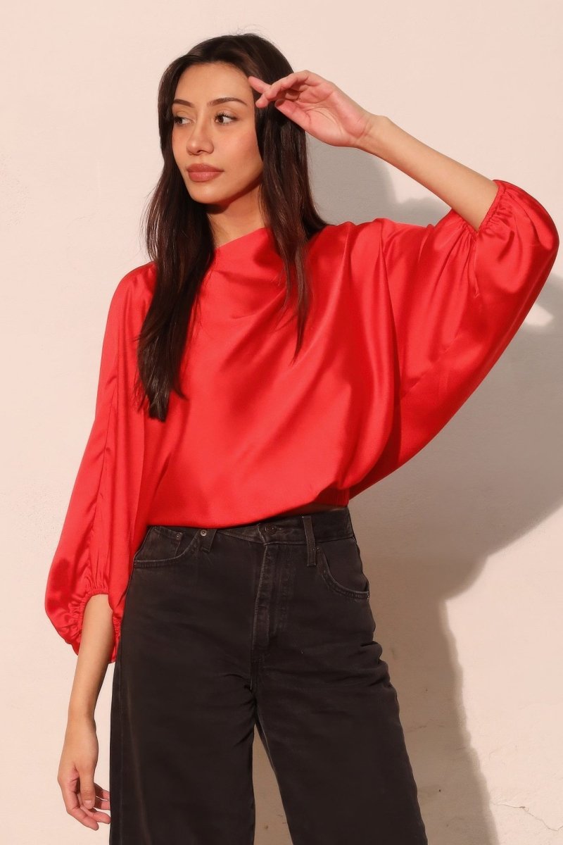 Silky Satin Boat Neck Blouson Top - Demented Sisters