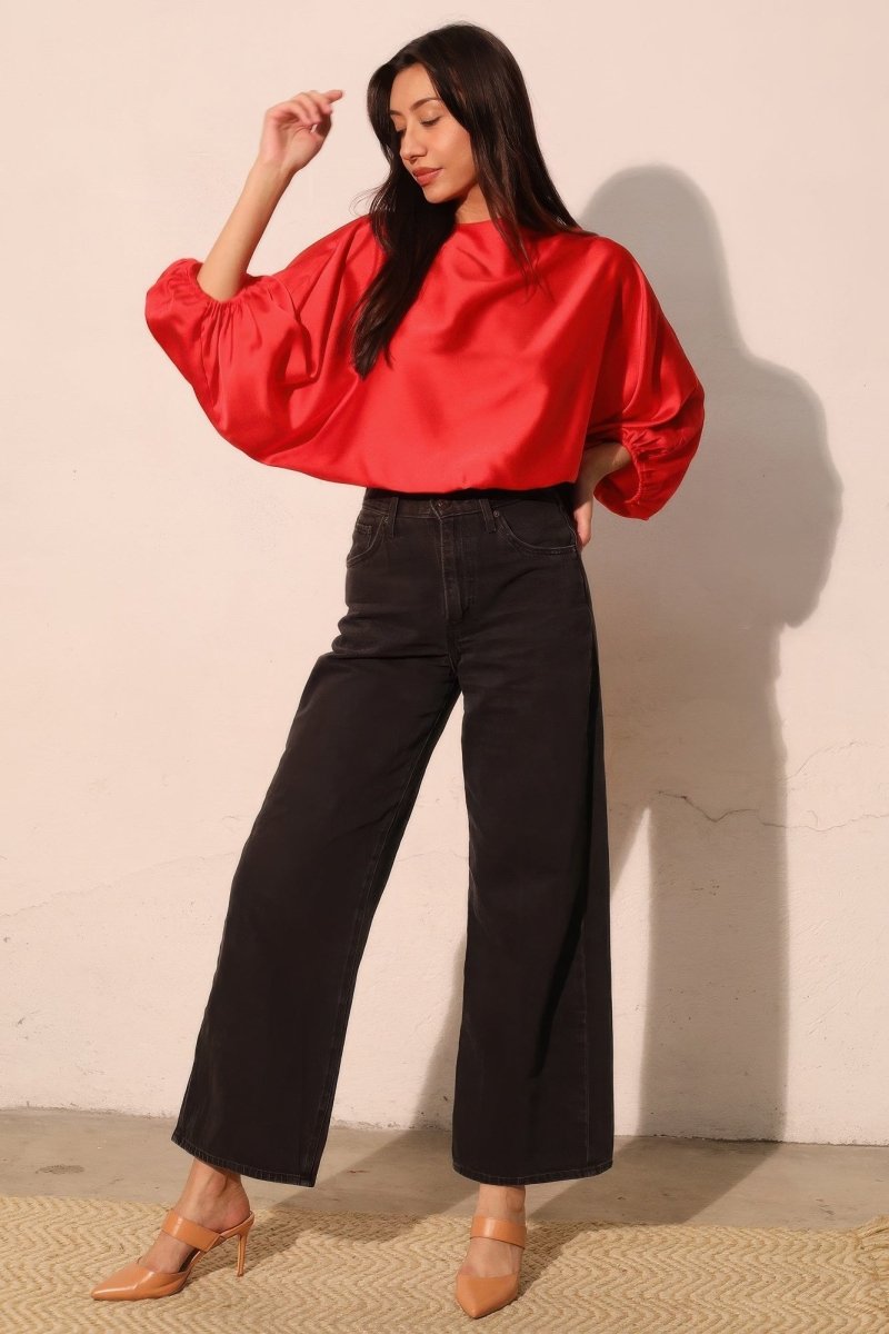 Silky Satin Boat Neck Blouson Top - Demented Sisters