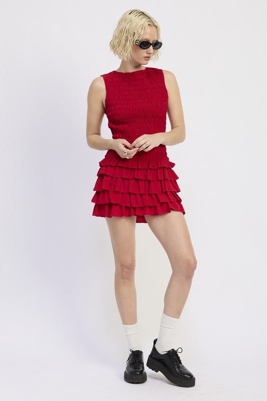 SLEEVELESS SMOCKED MINI DRESS WITH RUFFLE - Demented Sisters