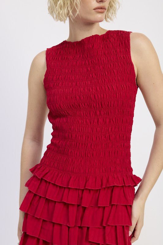 SLEEVELESS SMOCKED MINI DRESS WITH RUFFLE - Demented Sisters
