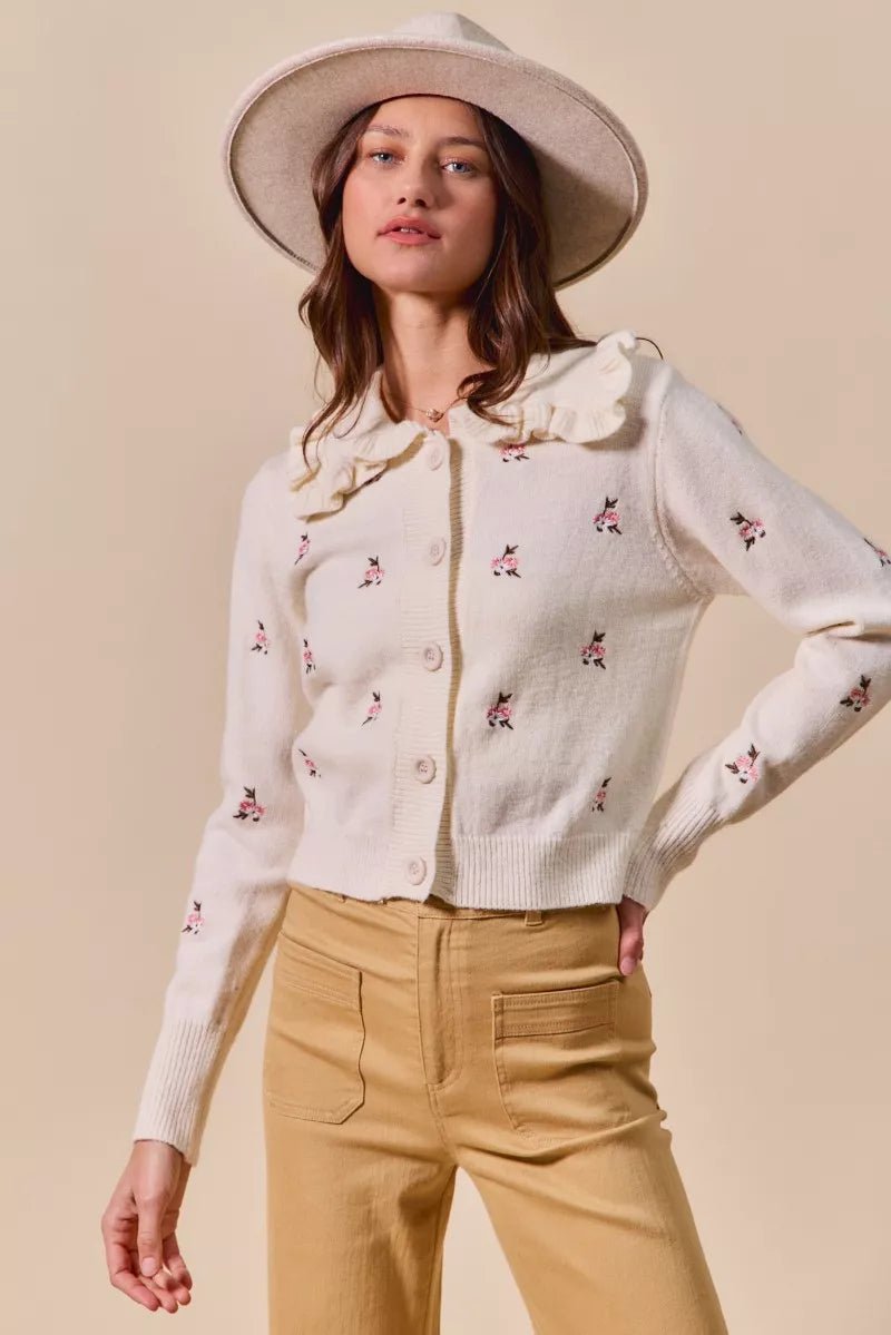 SO ME Collared Floral Embroidered Button Down Sweater Cardigan - Demented Sisters