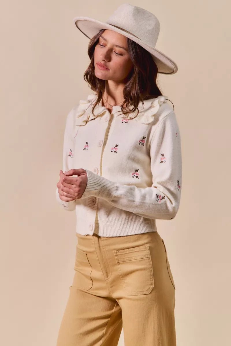 SO ME Collared Floral Embroidered Button Down Sweater Cardigan - Demented Sisters