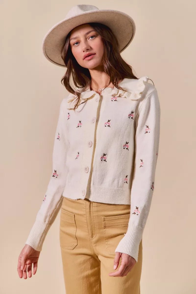 SO ME Collared Floral Embroidered Button Down Sweater Cardigan - Demented Sisters