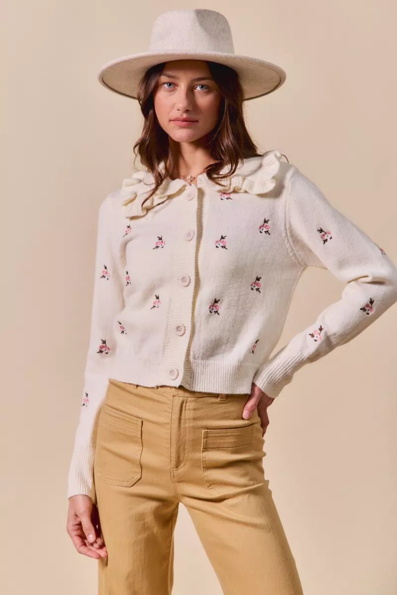 SO ME Collared Floral Embroidered Button Down Sweater Cardigan - Demented Sisters