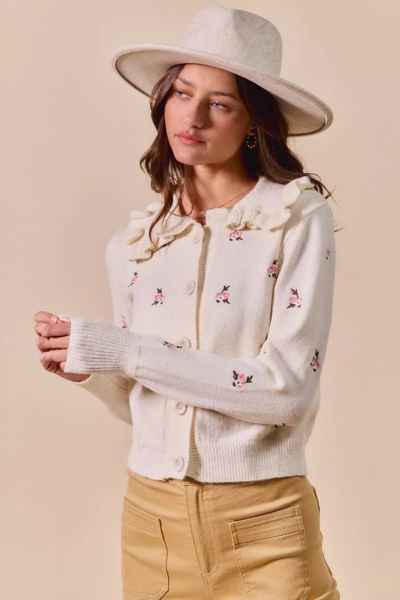 SO ME Collared Floral Embroidered Button Down Sweater Cardigan - Demented Sisters