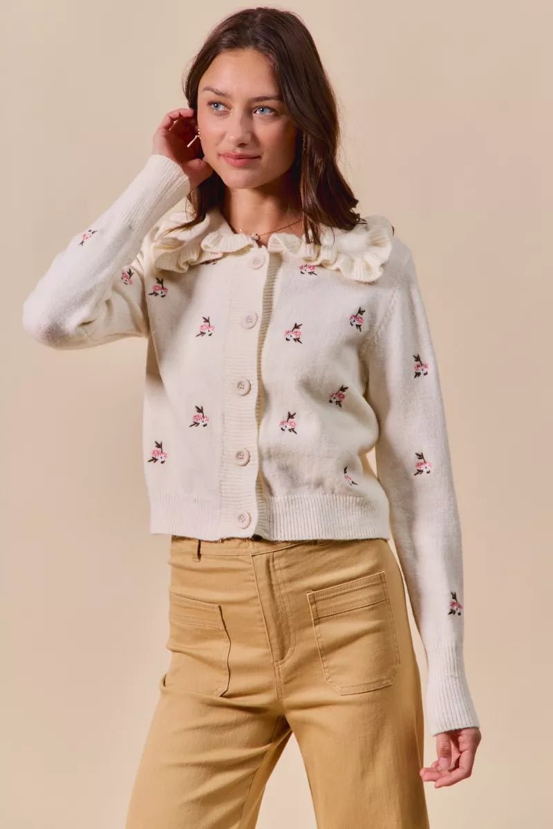 SO ME Collared Floral Embroidered Button Down Sweater Cardigan - Demented Sisters