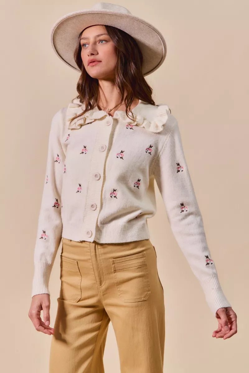 SO ME Collared Floral Embroidered Button Down Sweater Cardigan - Demented Sisters