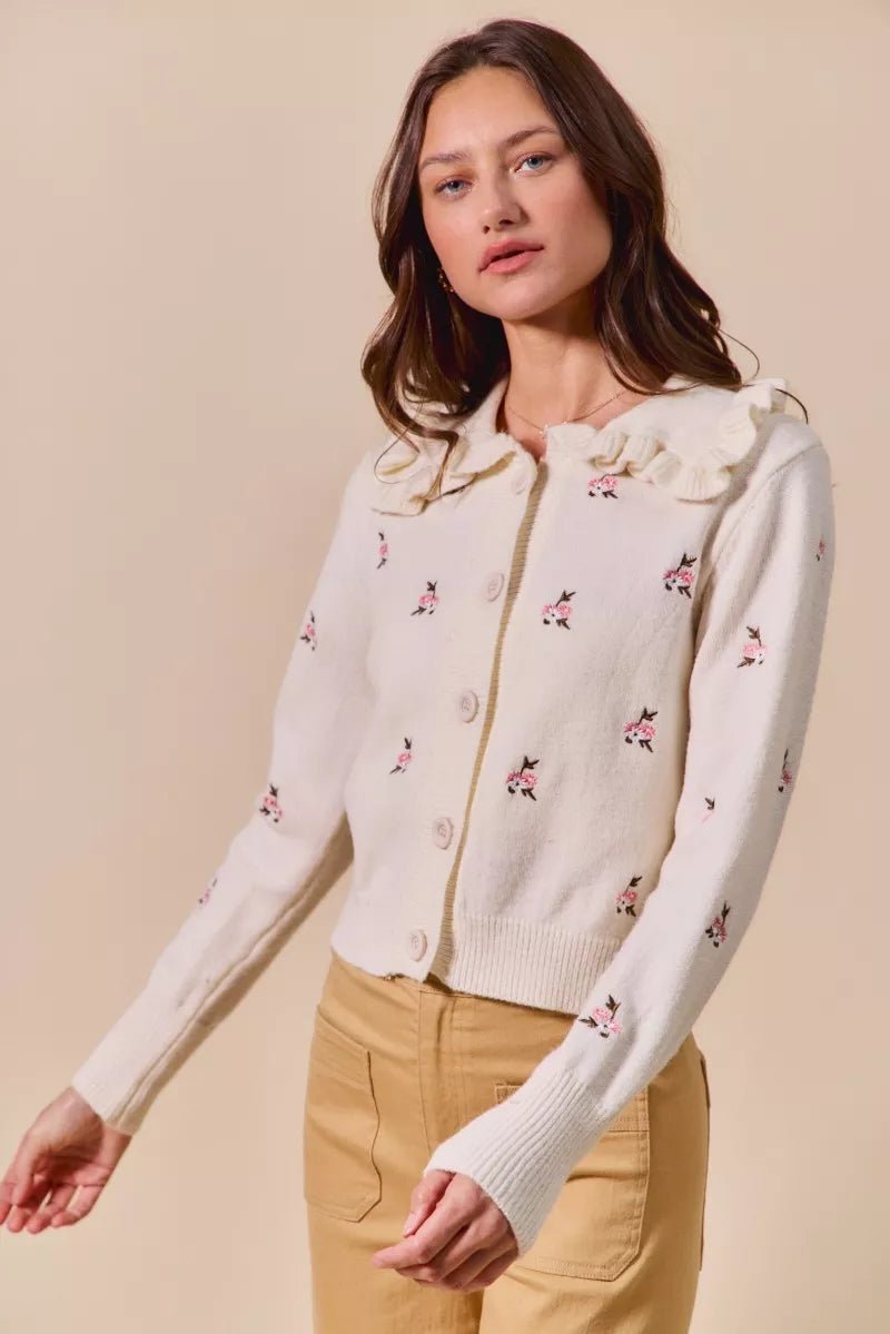 SO ME Collared Floral Embroidered Button Down Sweater Cardigan - Demented Sisters