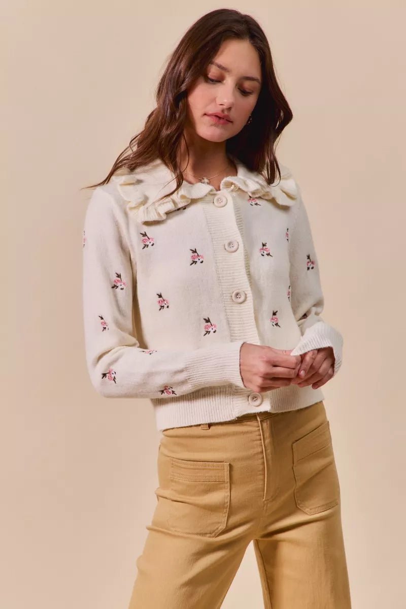 SO ME Collared Floral Embroidered Button Down Sweater Cardigan - Demented Sisters