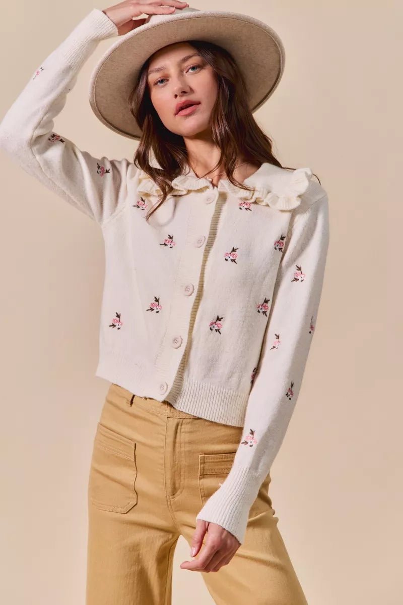 SO ME Collared Floral Embroidered Button Down Sweater Cardigan - Demented Sisters