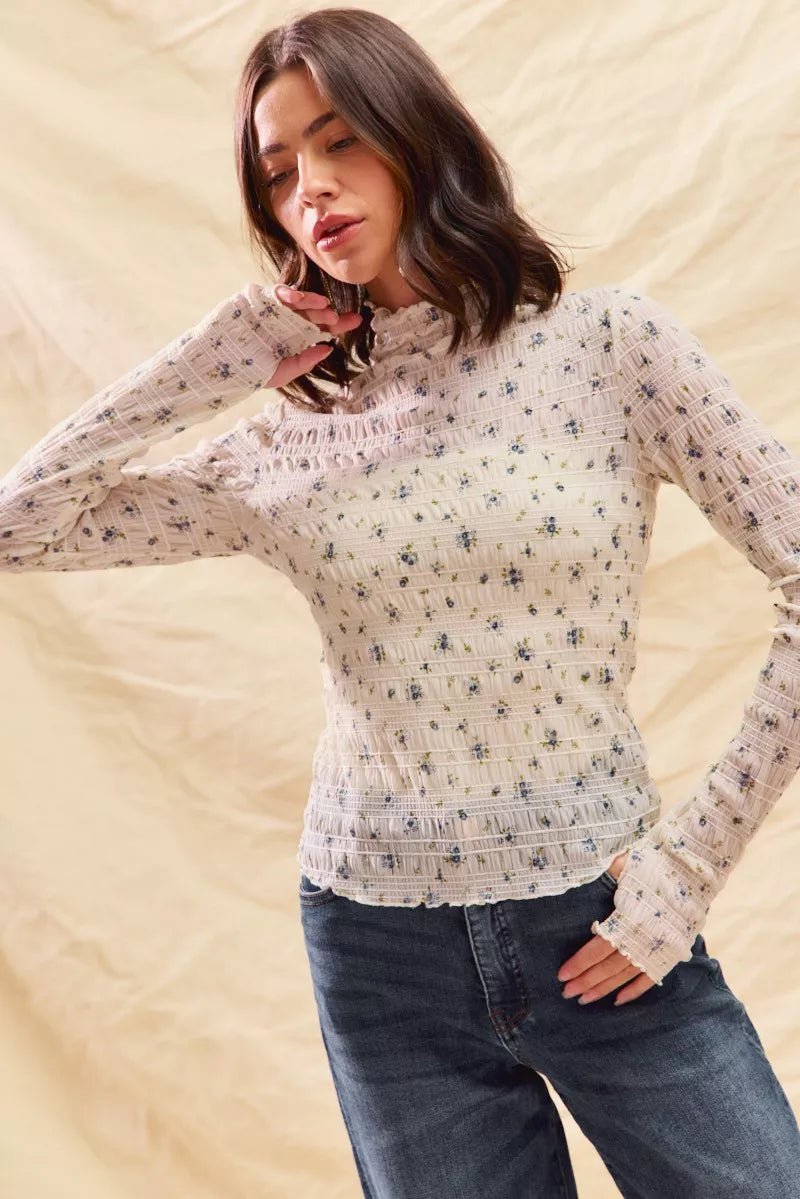 SO ME Floral Print Textured Long Sleeve Knit Top - Demented Sisters